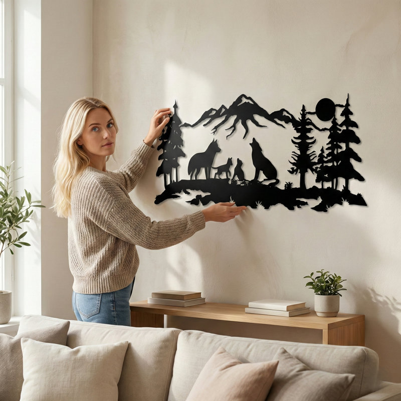 Wolf Family Modern Landscape & Nature Wall Decor on Metal, 13" H x 30" W x 0.6" D