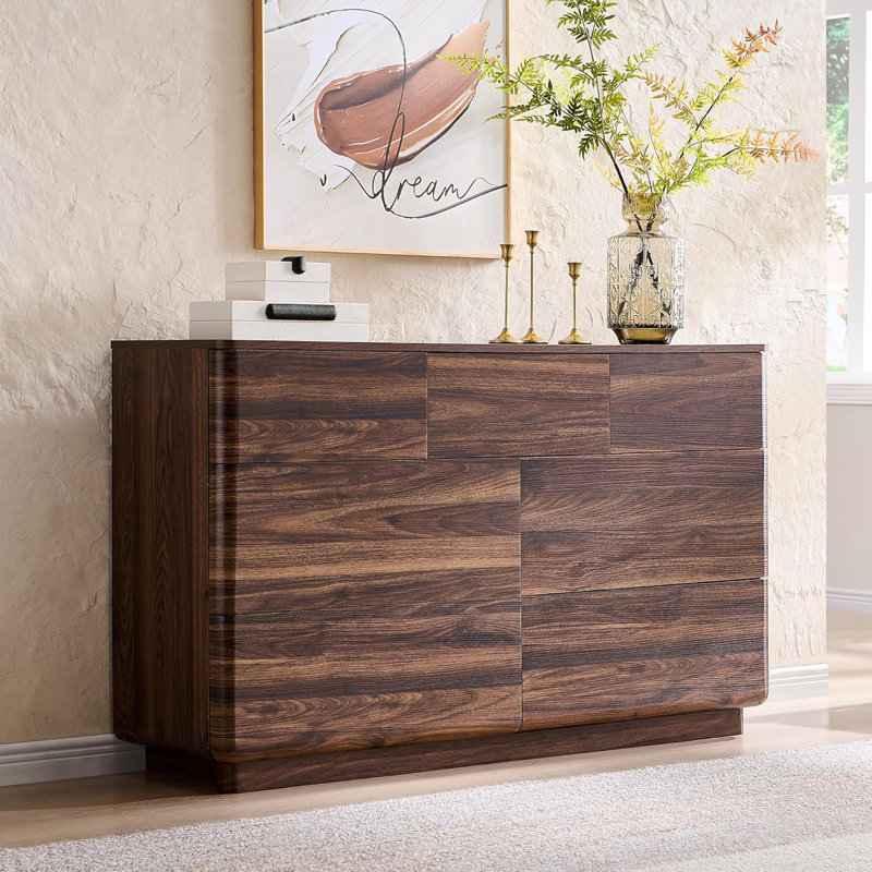 52" Wide Modern 7 Drawer Dresser, Wood Handleless Dresser Chest Of Drawers For Bedroom, Brown