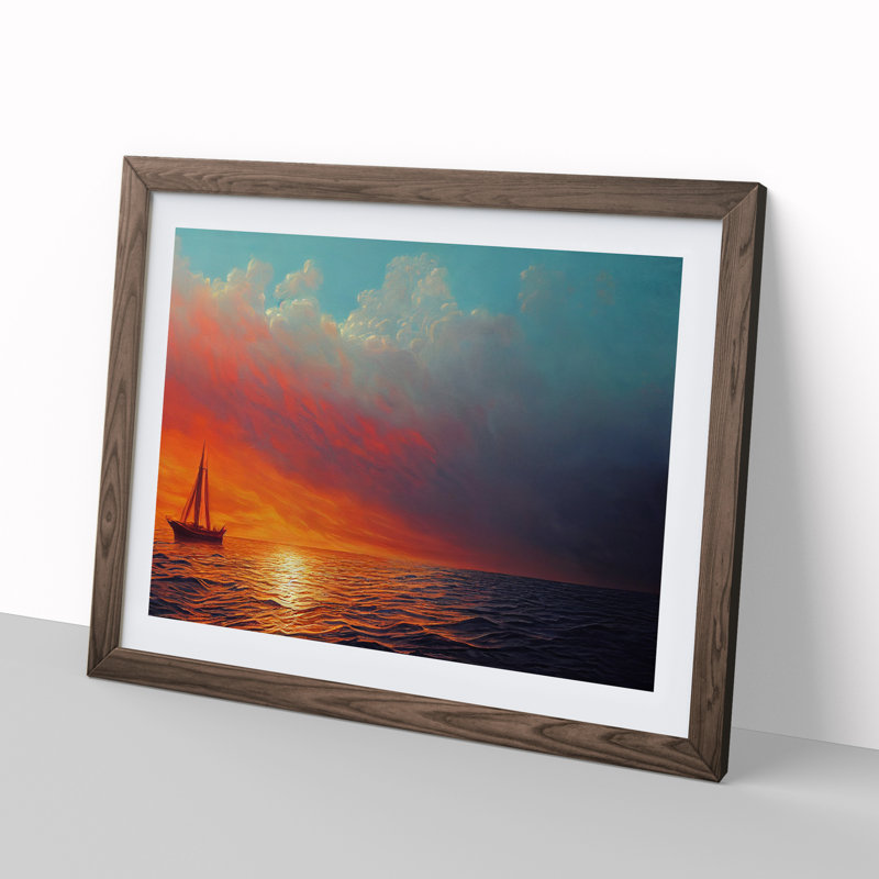 Boat At Sunset - Single Picture Frame Print, 25cm H x 34cm W x 2cm D, Walnut Framed