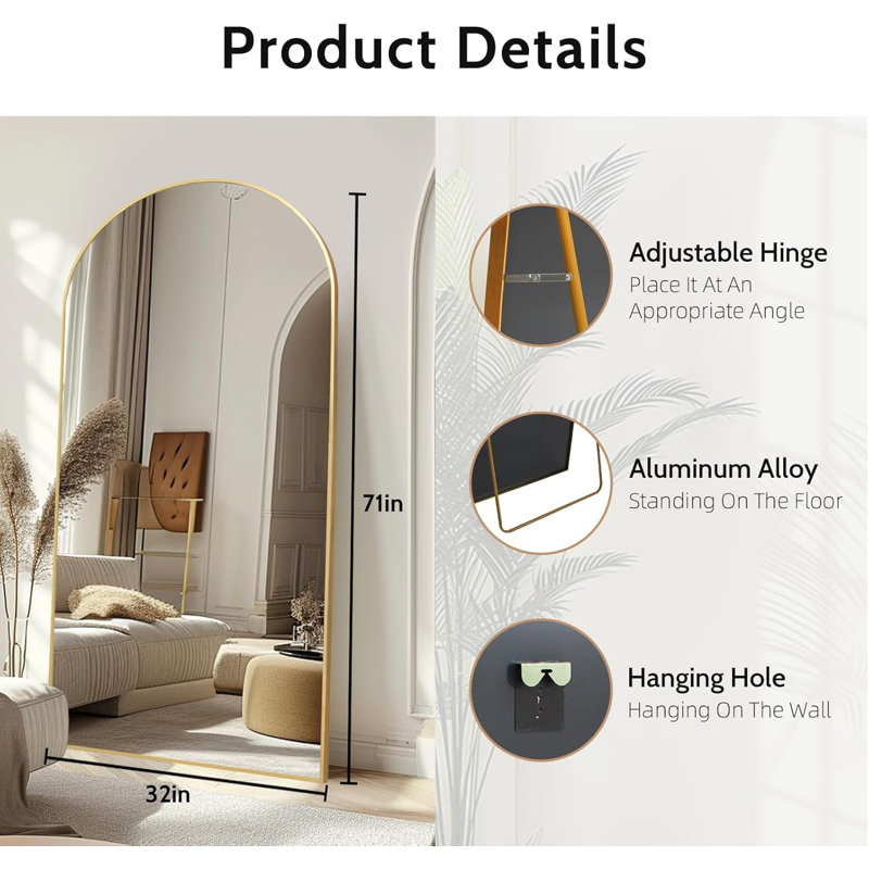 Large Arched Full Length Mirror with Stand, Wall Mounting Full Body Tempered Mirror, Metal Frame Full-Length Mirror for Living Room, Bedroom