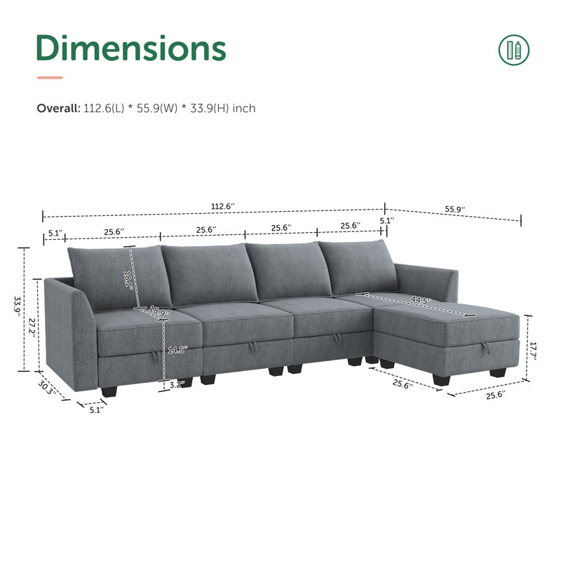 Manusite L-Shaped Reversible Modular Sectional Couch with Storage Ottoman, Bluish Gray