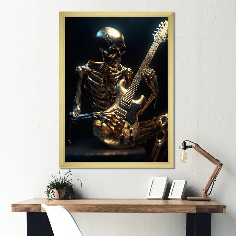 Squelette doré se balançant sur toile, Cadre doré à coins fermés, H 44 po x l 34 po x P 1,5 po