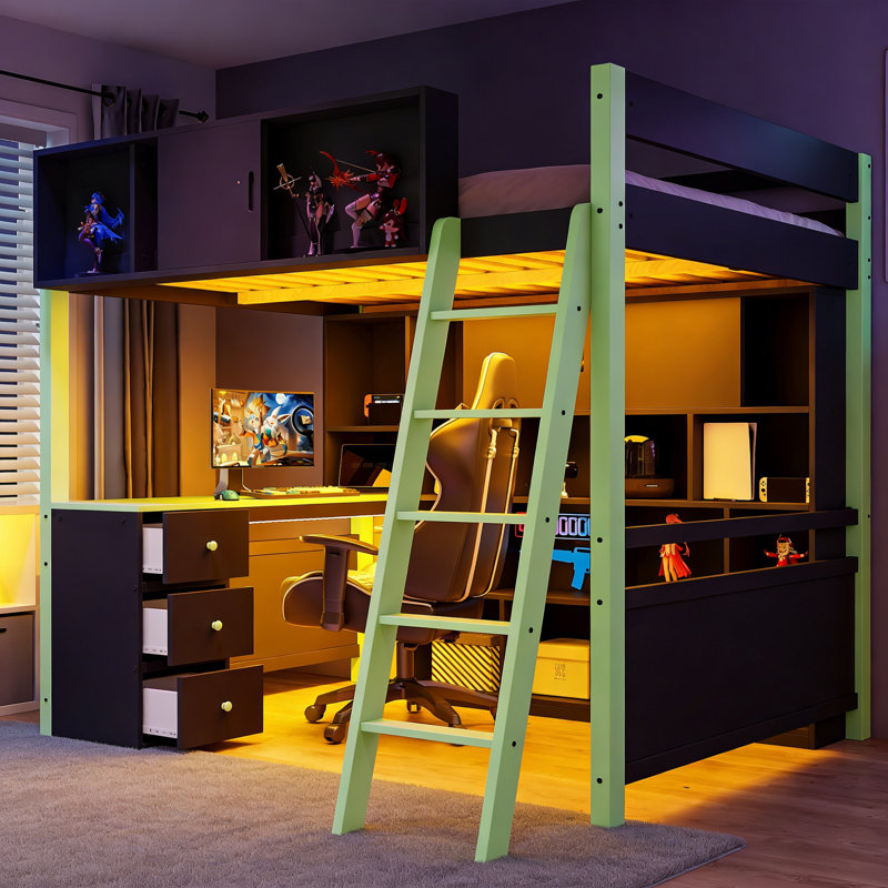 Lit mezzanine double en bois avec bureau, grand espace de rangement et lumière, Vert