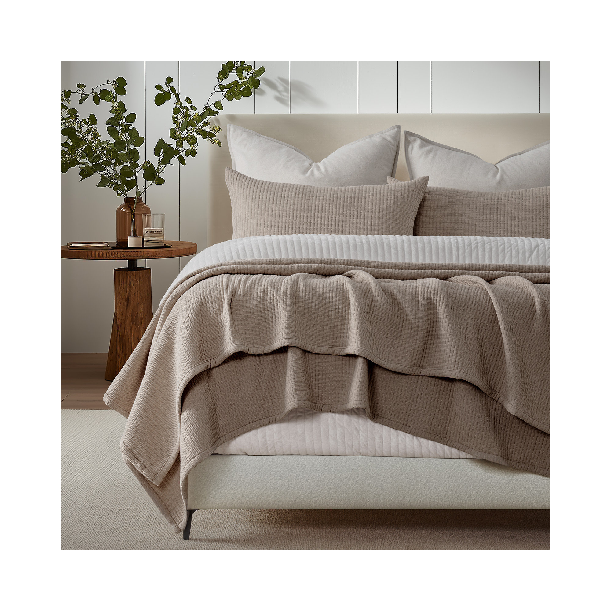 Solid Cotton Gauze Pick-stitch Matelesse Coverlet Bedspread set, Mocha Brown, King Quilt + 2 King Shams