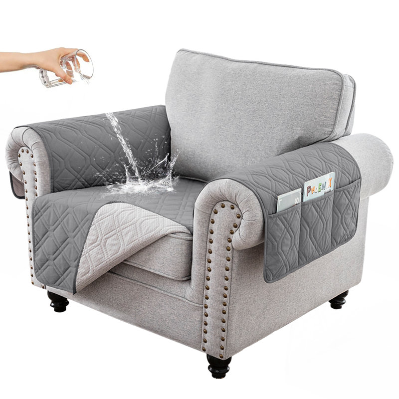 Housse pour canapé 1 place avec accoudoirs matelassés et imperméable avec poche latérale, Mélange de polyester kaki
