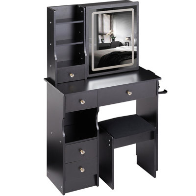 Petit meuble-lavabo de 29,2 po avec tiroir à gauche + tabouret rembourré, 2 blocs d'alimentation CA + 2 ports USB, support pour séchoir à cheveux, très grand miroir à DEL coulissant à contrôle tactile, changement de luminosité tricolore, réglage de la luminosité