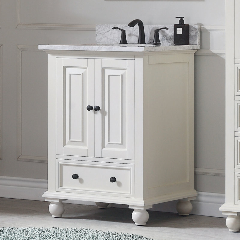 Thompson 25" Single Modern Bathroom Vanity Set, French White, Carrera White