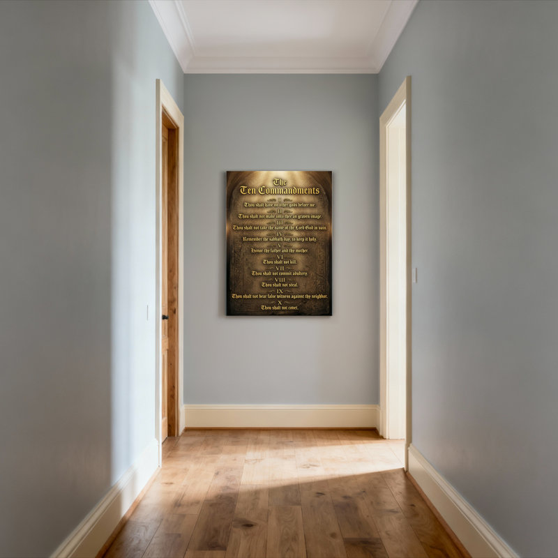 Tableau mural sur toile tendue reprenant le texte religieux des Dix Commandements (1 pièce), H 48 po x l 32 po