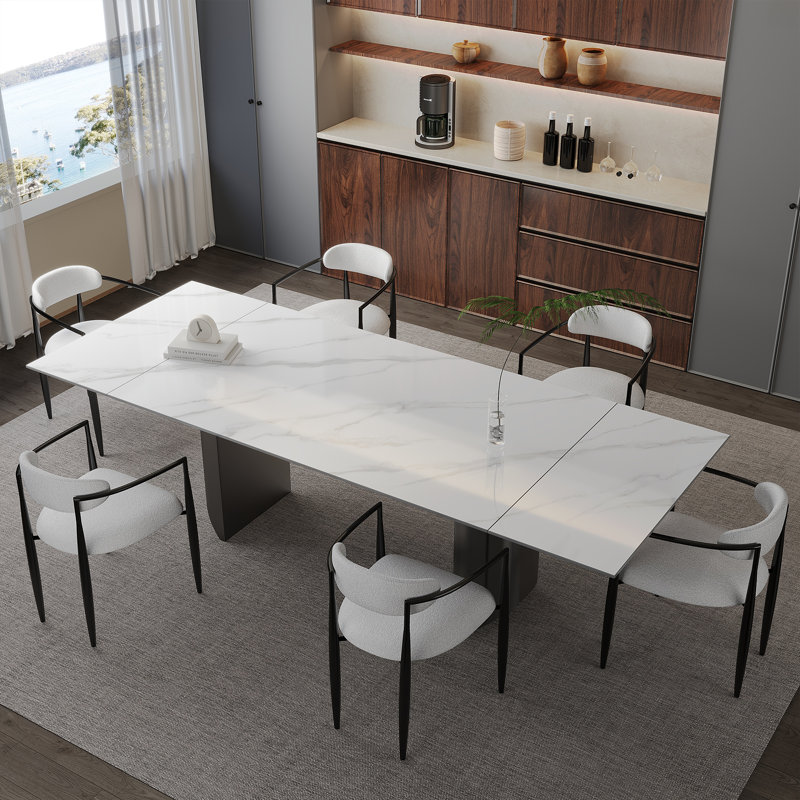 Ensemble de salle à manger à rallonge en pierre frittée avec 6 chaises en tissu 94,48 "Santrez, Blanc montagne enneigée, Noir