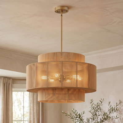 Luminaire suspendu tambour en rotin tissé à la main 6 lumières avec corde de chanvre