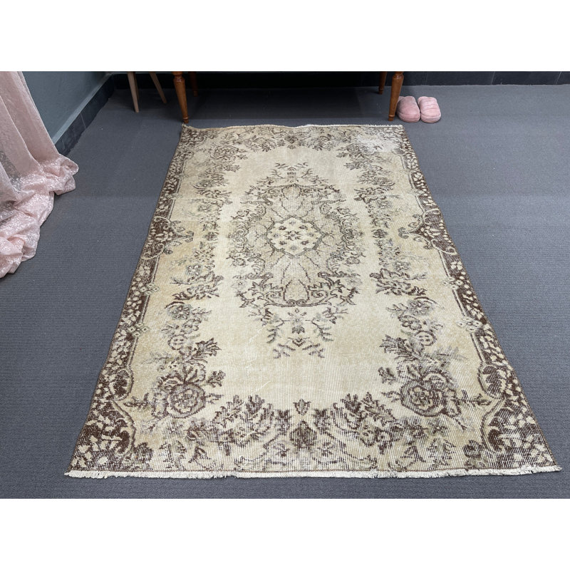 Élégant tapis en laine beige, tapis décoratif floral 1,5 x 2,3 pi