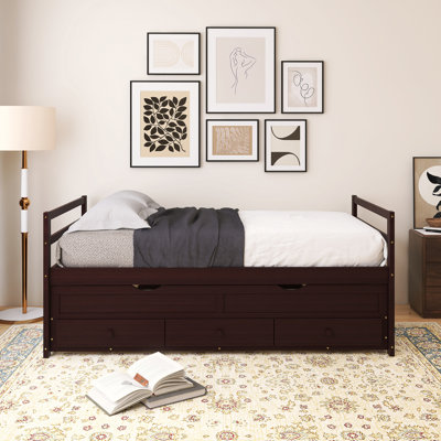 Wood Frame Twin Bed With Trundle And Three Storage Drawers