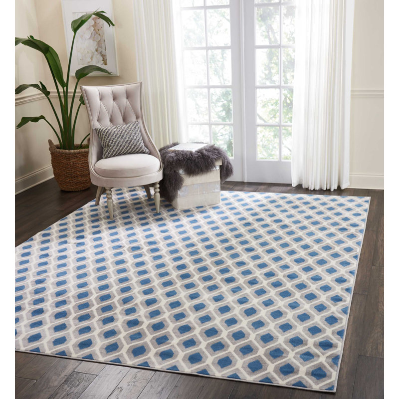 Tapis géométrique bleu / ivoire Horley, Rectangle 5 pi 3 po x 7 pi 3 po