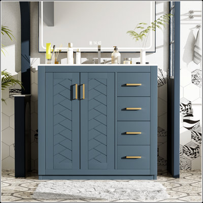 Meuble-lavabo de 36 po avec lavabo en céramique, structure en bois massif, armoire de rangement autoportante avec 3 tiroirs et portes à fermeture douce