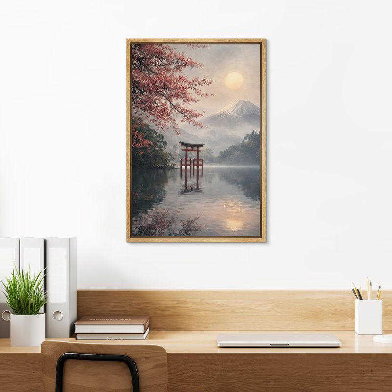 «Cherry Blossom Lake with Torii Gate and Snow Mountain Sunrise», reproduction d'art sur toile encadrée, H 24 po x l 16 po