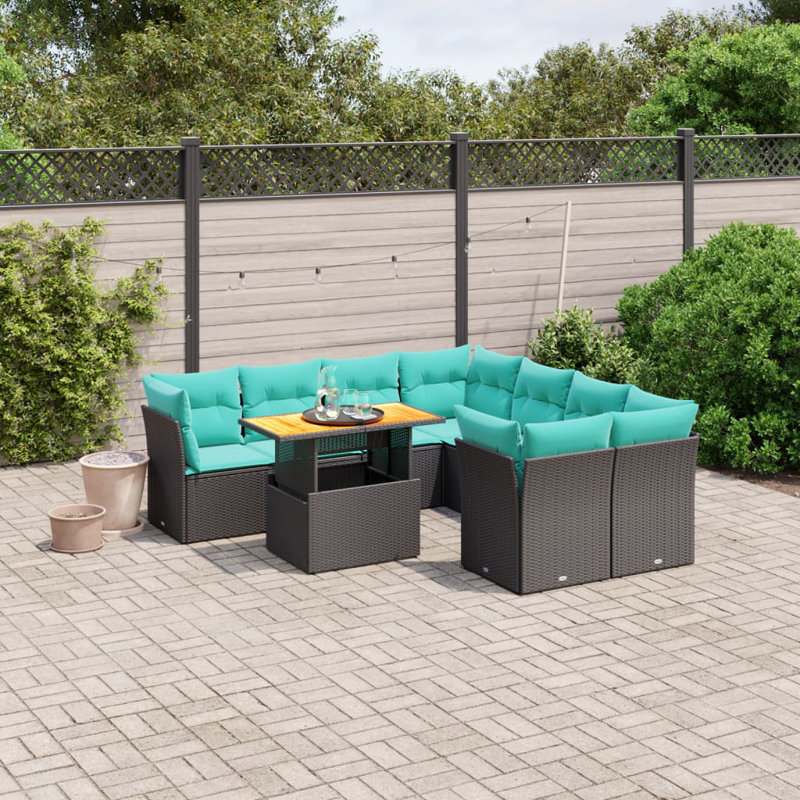 Ensemble de canapé de patio 9 pièces avec coussins en rotin de polyester, Bleu clair, Noir