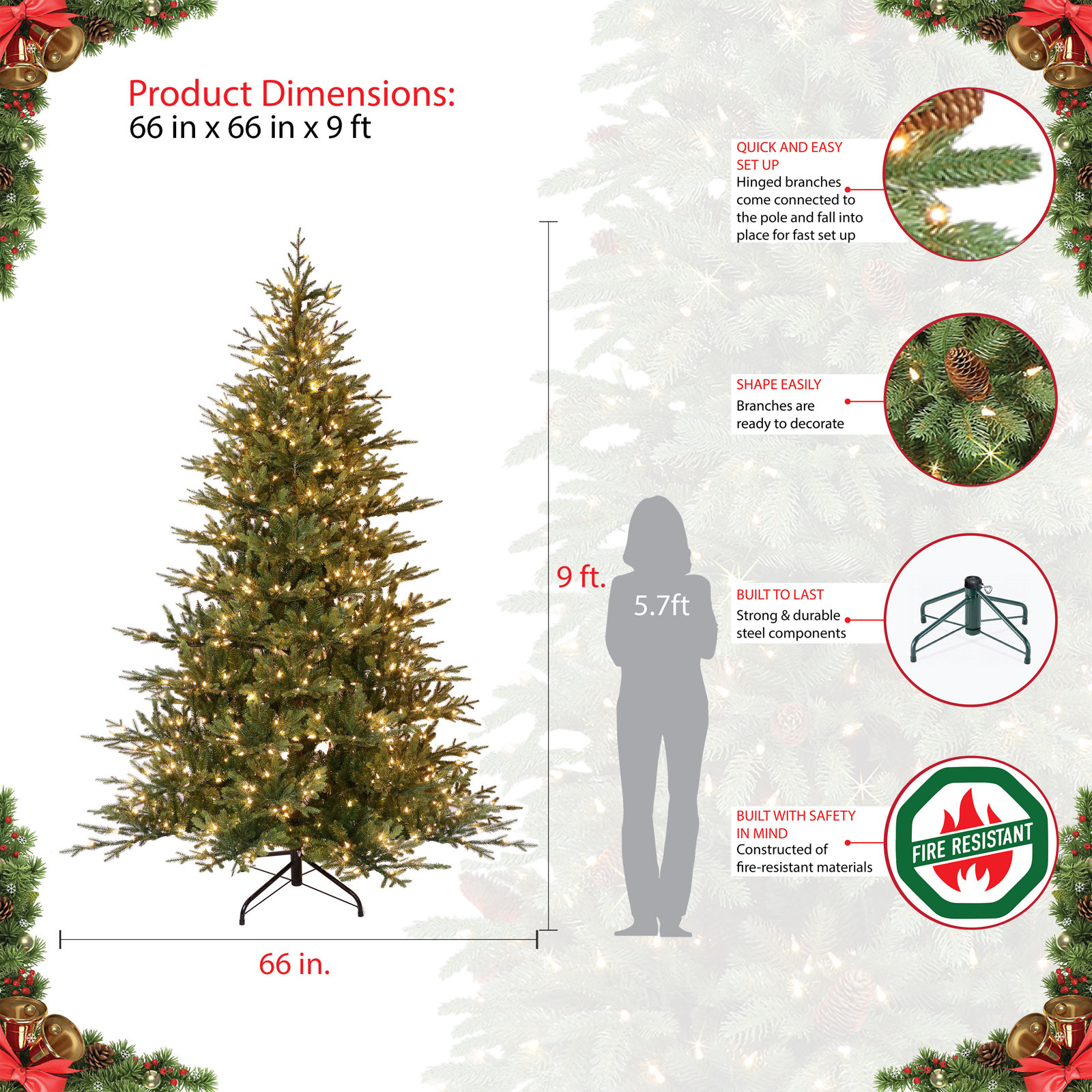 Lighted Artificial Christmas Tree, 9'