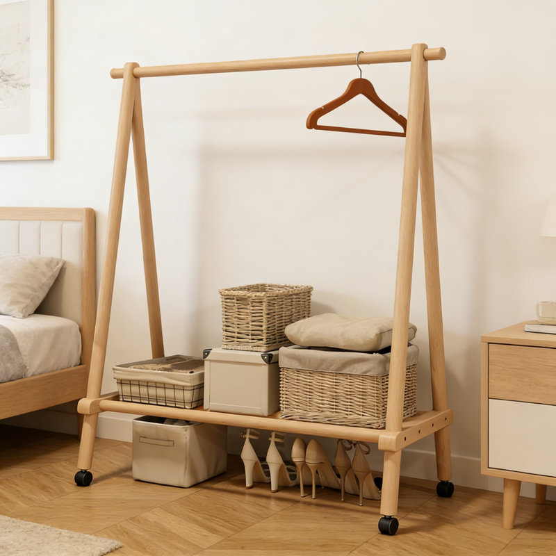 Solid Wood Clothing Rack With Shelves, Rolling Garment Rack With Detachable Wheels, Heavy-Duty Closet Organizer Holds 350 Lbs For Bedroom, Entryway, Or Living Room Storage