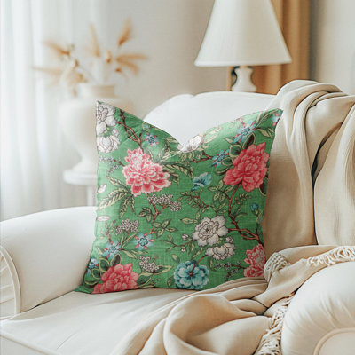 Green Linen Multi Color Floral Pillow Cover