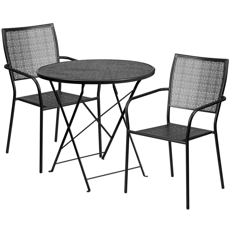Donley 30'' Round Indoor-Outdoor Folding Patio Table Set with 2 Square Back Chairs, Black