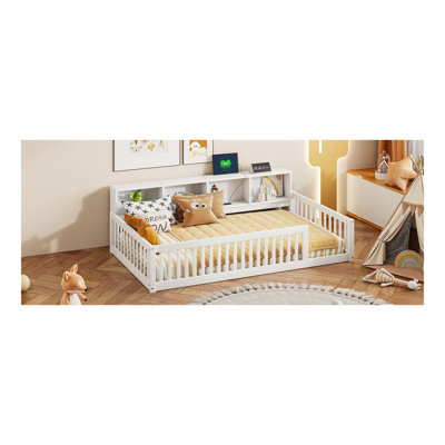 Lit simple en bois de taille TG avec armoires de rangement et ports USB, blanc