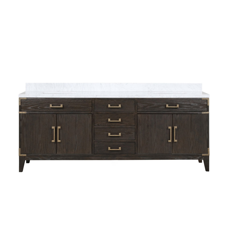 Meuble-lavabo double en chêne brun 84 po X P 22 po D, avec plateau en marbre de Carrare, Chêne brun
