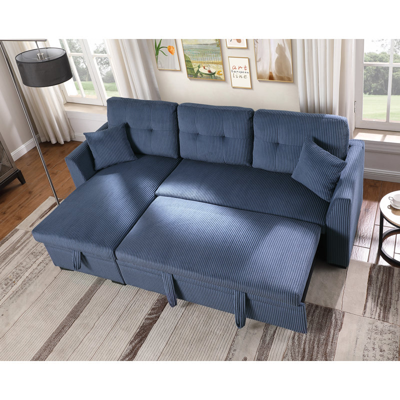 81.5“ Corduroy Chaise Sofa With Pull Out Bed, Dark Blue