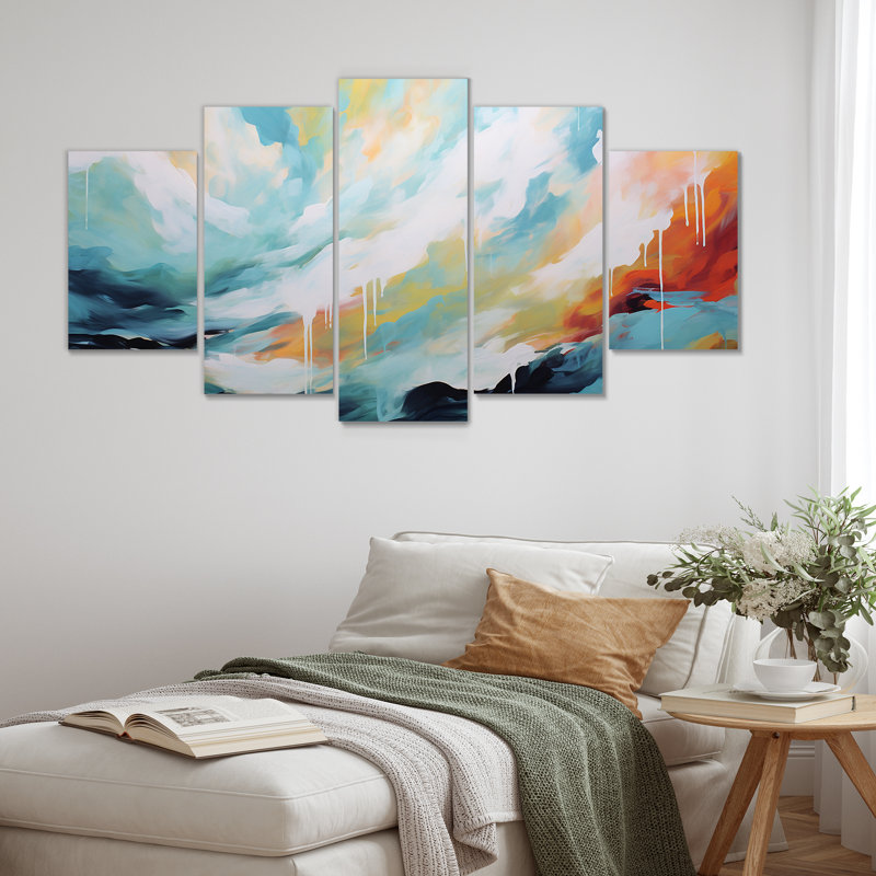  «Azure Blue White Fusion I - Abstract Paint Multipanel Wall Art Set