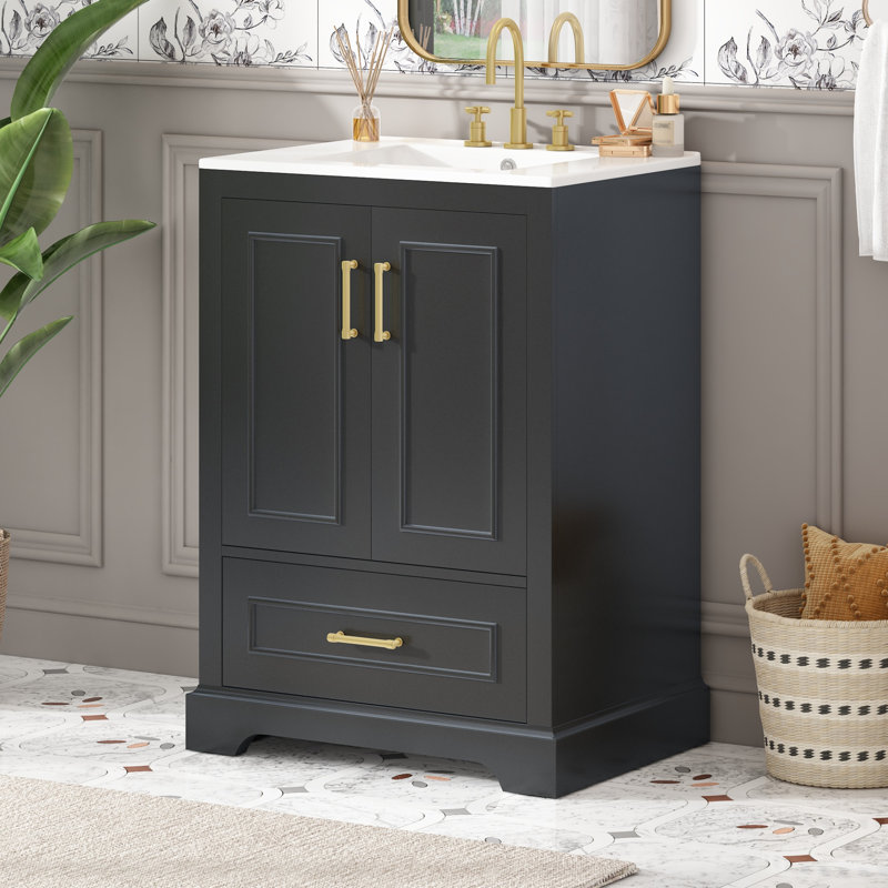 Meuble-lavabo simple 24 po avec plateau en céramique, Noir