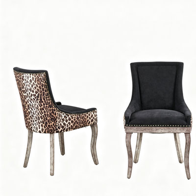 Ultra Side Dining Chair, Thickened fabric chairs with neutrally toned solid wood legs, Bronze nail head, Set of 2,Leopard Print
