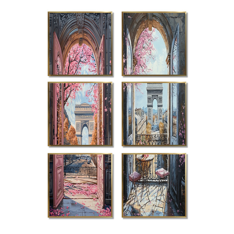 «Pink Arc De Triomphe Windows View - Paris», ensemble d'art mural sur toile, Impression encadrée sans passe-partout, Doré