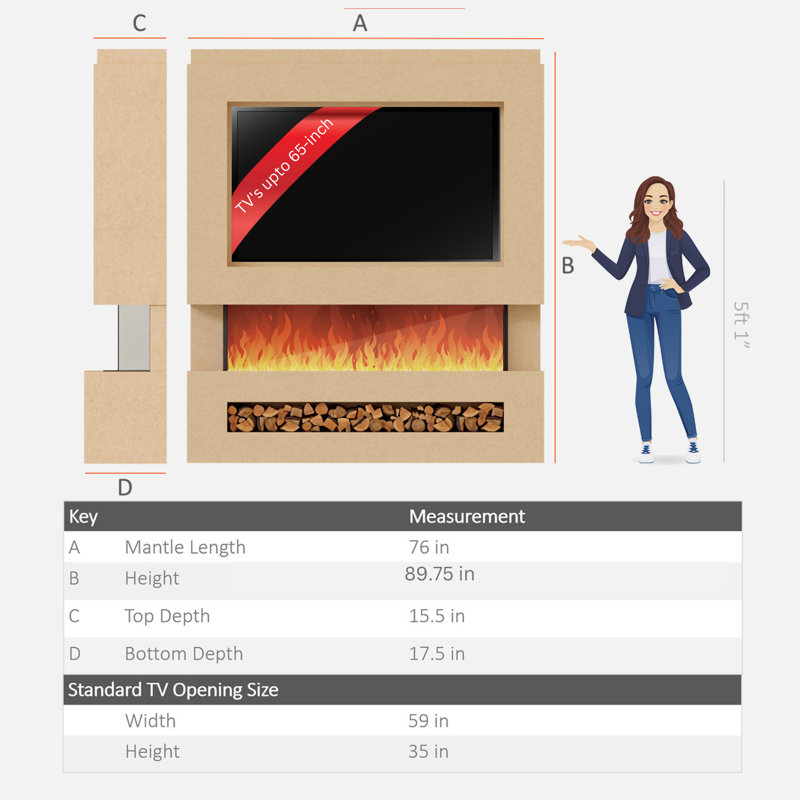 Pre-Built Media Wall 3-Sided Electric Fireplace with LED Flame Effect