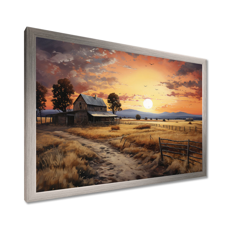 Paysage de grange au crépuscule IV - Art mural de grange pour le salon, H 30 po x l 40 po, Cadre photo unique, Argent argent
