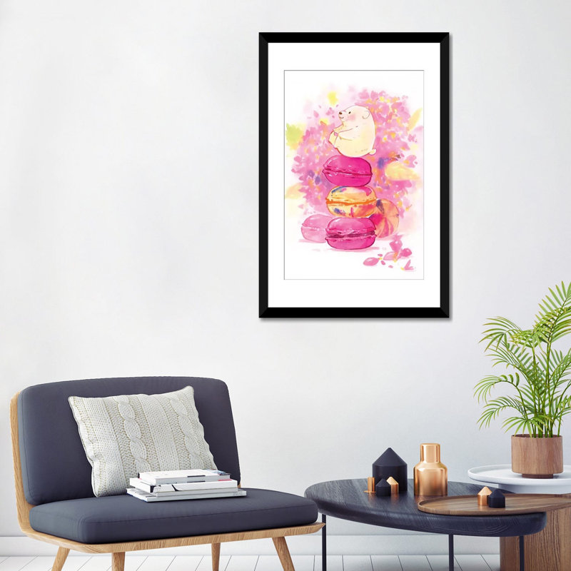 « polar bear macaron », reproduction sur toile, H 32 po x l 24 po x P 1 po, Papier d'art encadré noir, Blanc