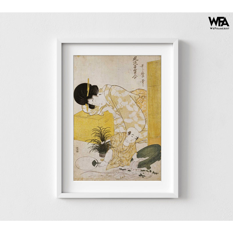 Une mère somnolant pendant que son enfant surplombe un bol à poisson de Kitagawa Utamaro, Cadre blanc, Blanc / Blanc