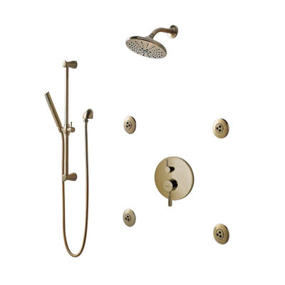 Bravat Brushed Gold Wall Mount Shower System with Round Rainfall Showerhead and Handheld Spray