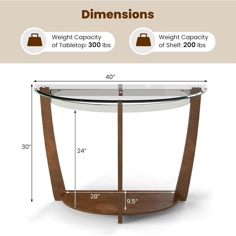 2-Tier Half Moon Entryway Glass Console Table