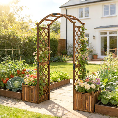 Outsunny Wooden Garden Arch with Planters, Rose Arch Trellis, Carbonised