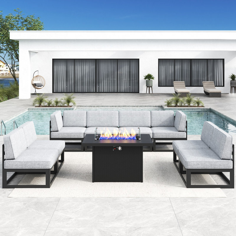 9 - Piece Outdoor Modular Sectional Set with Fire Table, Grey