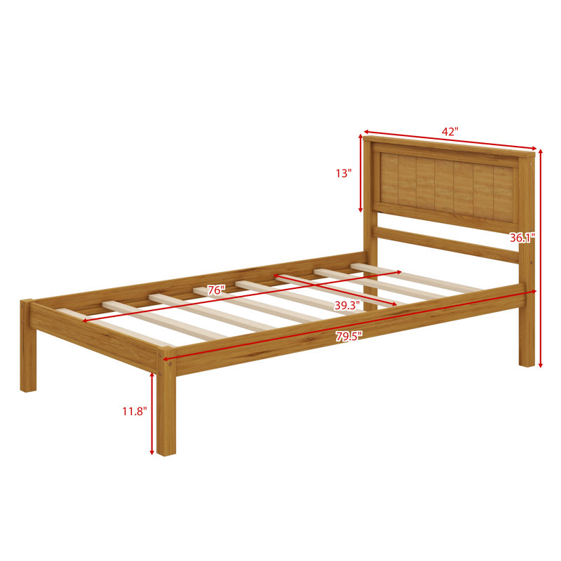 Platform Bed Structure With Headboard And Wooden Slat Base, Oak, Twin