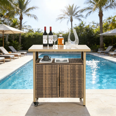  Outdoor Bar Cart with Wheels, Wicker Patio Serving Cart with Storage Shelves