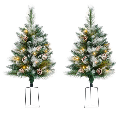  Set Of 2 24.5In Outdoor Frosted Scotch Pine Pathway Christmas Trees Decor W/ LED Lights, Pine Cones