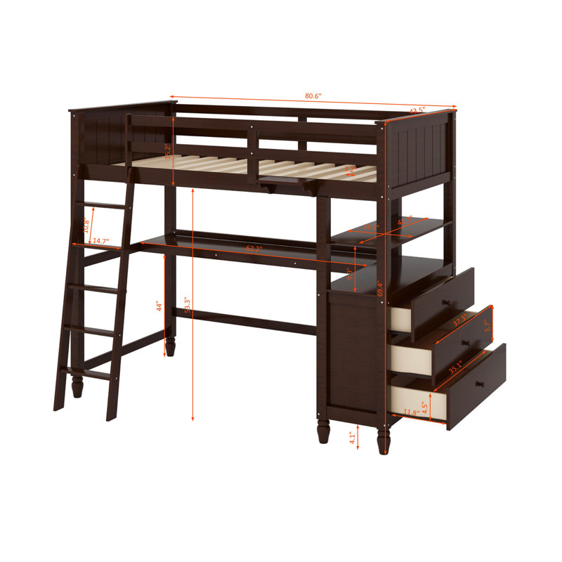 Lit mezzanine simple avec bureau, tiroirs et tablette, Espresso