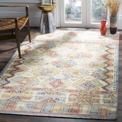 Elan Hand Woven Flat Weave Wool/Cotton Southwestern Rug in Ivory/Grey