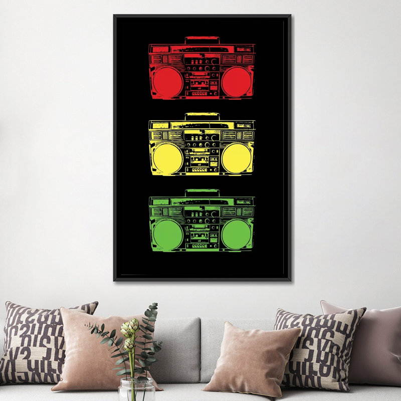 «Boom Box Cubed Rasta», impression sur toile, H 26 po x l 18 po x P 1,5 po, Toile avec cadre noir, Pas de tapis