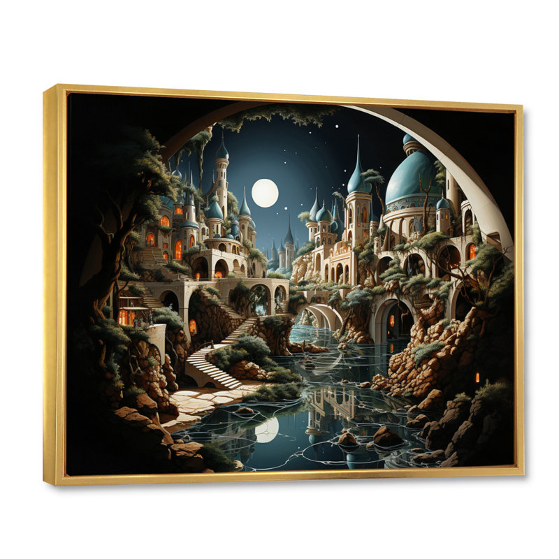 Surréalisme City Infinite Illusions I, H 24 po x l 32 po x P 1 po, Cadre flottant doré