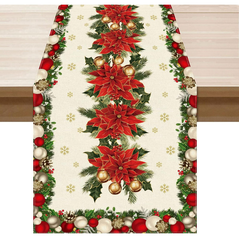 Christmas Poinsettias Leaves Bells Snowflakes Winter Xmas Table Runner Table Decoration For Home Kitchen Dining Holiday Decor