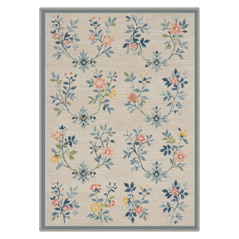 Verdura Floral Machine Washable Beige / Green / Blue Indoor Area Rug with Non-Slip Backing, Rectangle 9' x 12'