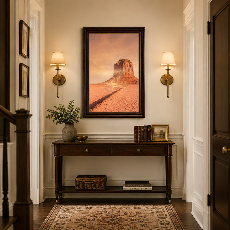 «Red Rock Butte Rising in Hazy Orange Desert Sky», art mural sur toile, 18"H x 12"W