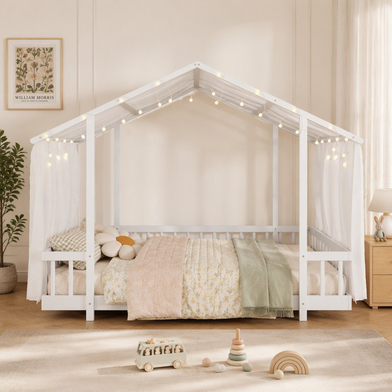 Lit plateforme double avec baldaquin en tissu transparent et guirlandes lumineuses, Full / Double, White